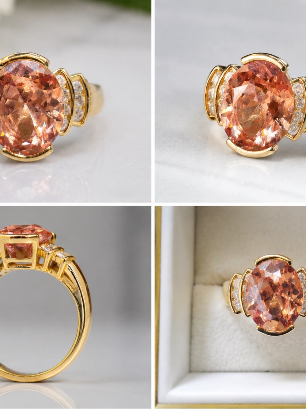 Source Unknown Gold Ring with Peach-Orange Oval Gemstone and Pavé Accents